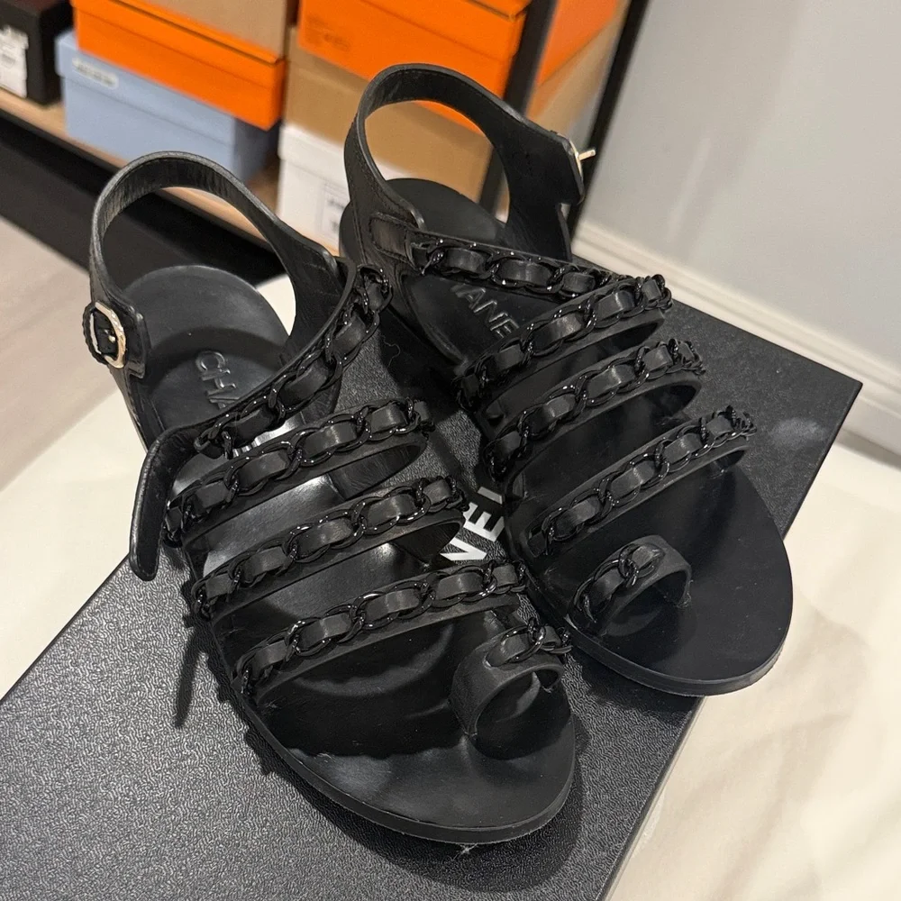 CHANEL Black Leather Chain-Strap Slingback Sandals
